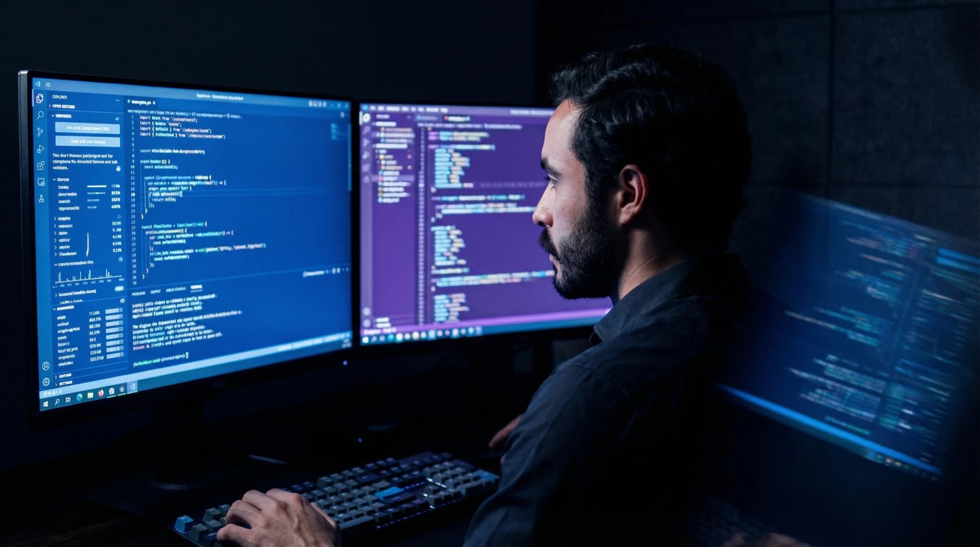 JP trabalhando em setup com múltiplos monitores